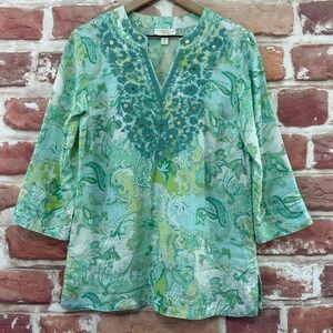 Charter Club Luxury Top Women's S Multicolor Linen Boho Floral Embroidered Shirt